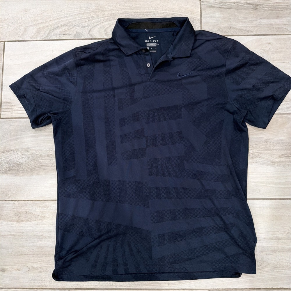 Nike Mens Dri-FIT Golf Polo Shirt Navy Blue Geometric Pattern Large L